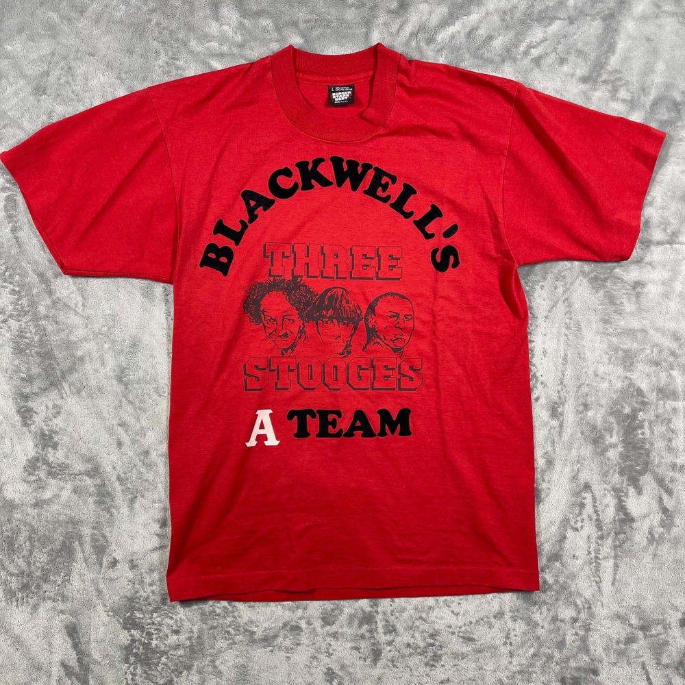 Vintage Screen Stars Best The Three‎ Stooges A Team T Shirt Mens L Red Made USA